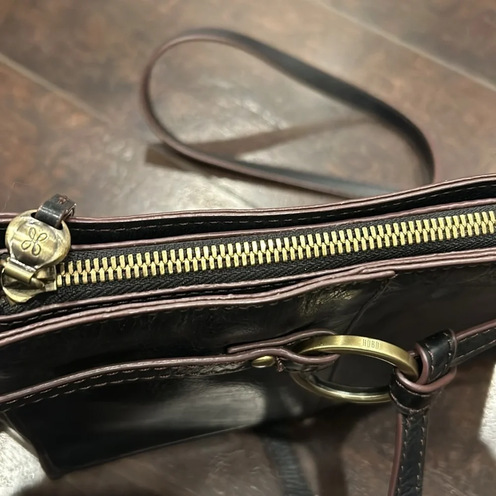 Hobo crossbody bag Black Brown Zipper Brass Ring